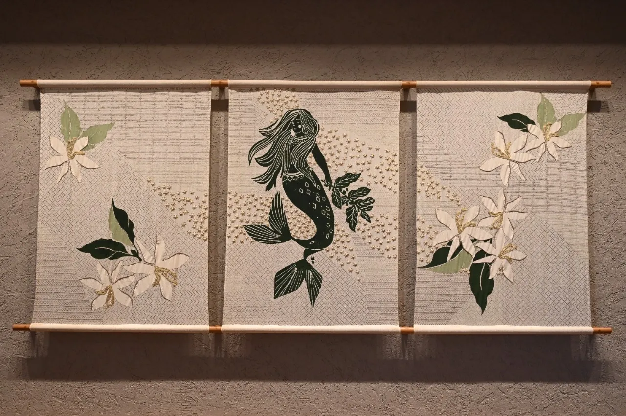 Detail of the embroidered Banjara wall hanging at Starbucks Malviyanagar, Jaipur
